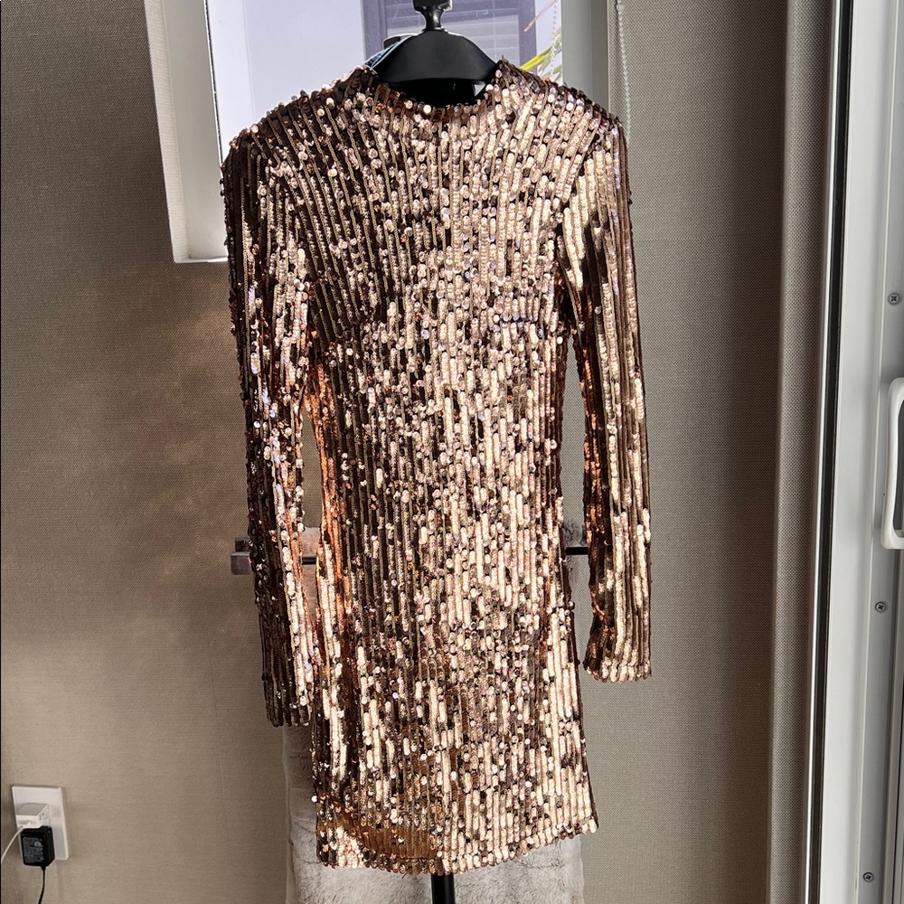 Valiant Paris NEW Gold Sequin Long Sleeve Dress